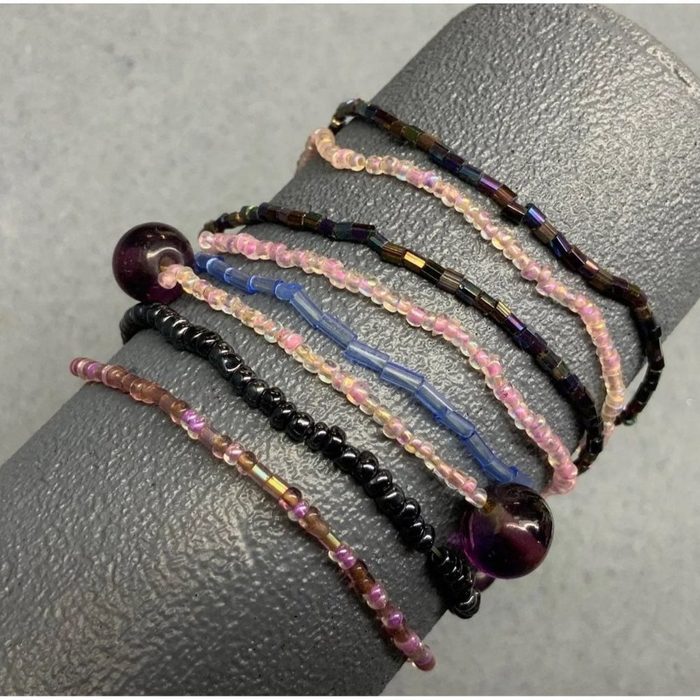 Seed Bead Bracelet Lot Barbie Pink Purple Stretch Round Bugle Retro BoHo 80s 90s